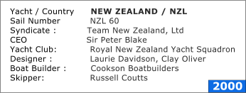 Yacht / Country	NEW ZEALAND / NZL	 Sail Number	         NZL 60	 Syndicate :	        Team New Zealand, Ltd	 CEO	                 Sir Peter Blake	 Yacht Club:	         Royal New Zealand Yacht Squadron	 Designer :	         Laurie Davidson, Clay Oliver	 Boat Builder :	Cookson Boatbuilders			 Skipper:	         Russell Coutts	 2000